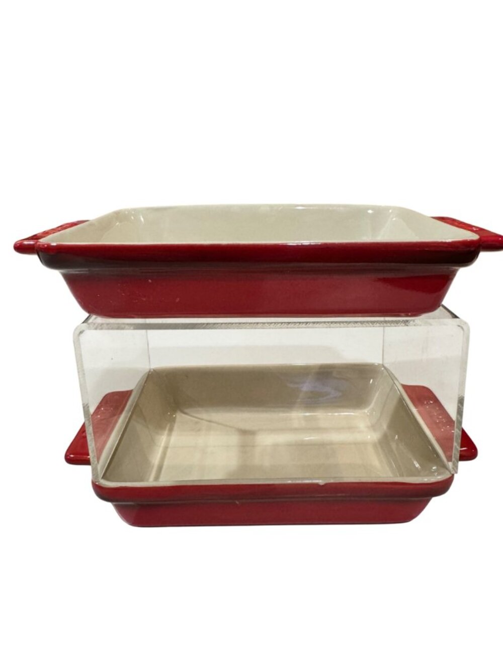 2 Staub Ceramic Rectangular Individual Baking Dishes Set Cherry Red Cream 6.5 in - Picture 10 of 14